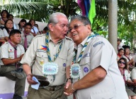 Boy Scout of the Philippines-Davao del Norte Council first Vice Chair and former Vice Governor Pedro San Jose, left, thanks Gov. Rodolfo del Rosario, right, for announcing Capitols' donation of a 3-hectare lot to the scouting council. noel baguio/davnor pio